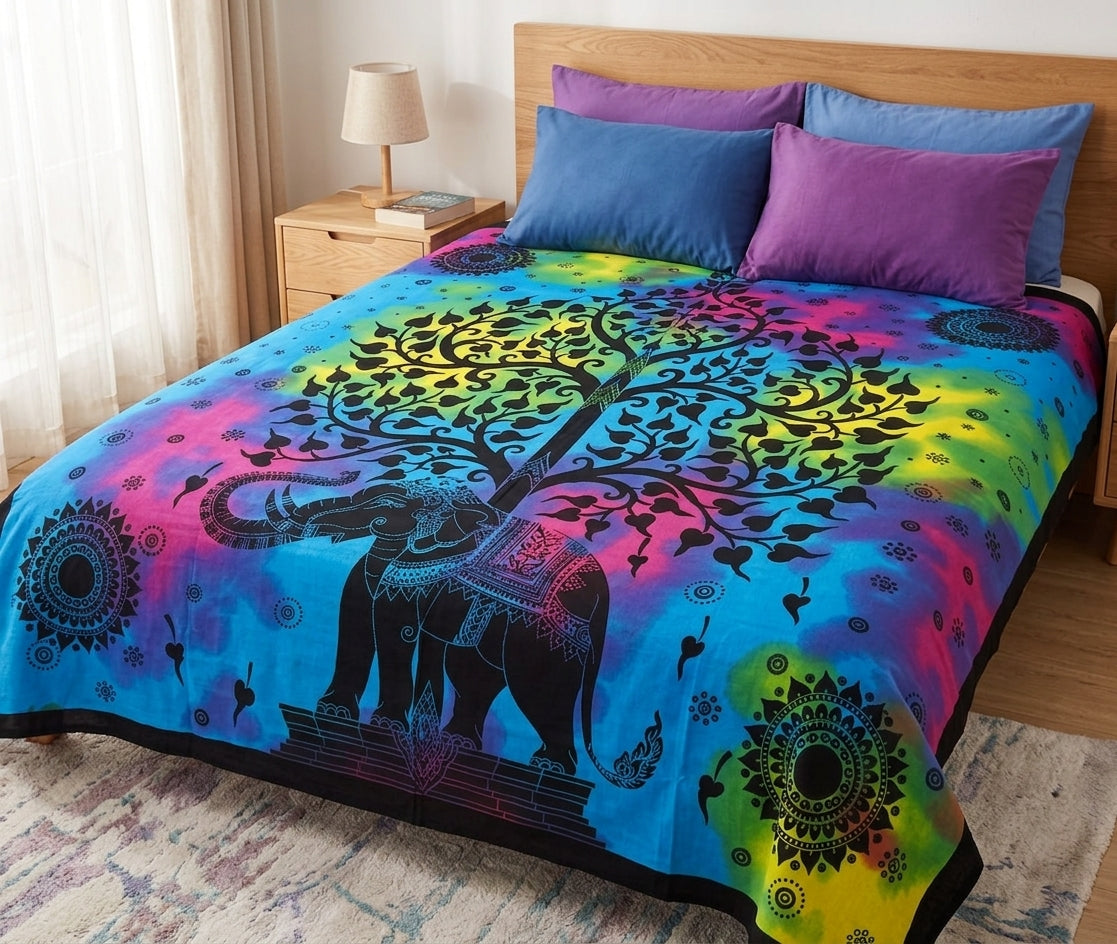 Tapiz Mandala de Algodón – Elefante Sagrado y Árbol de la Vida Tie-Dye (Multicolor)