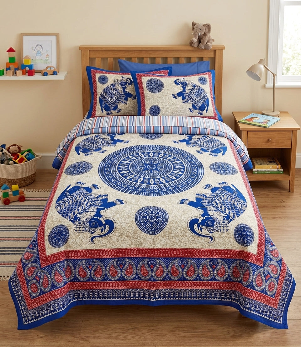 Tapiz / Manta Multiusos "MAYA" – Elefantes Reales, Chakra Mandala & Cenefa Paisley en Azul y Rojo