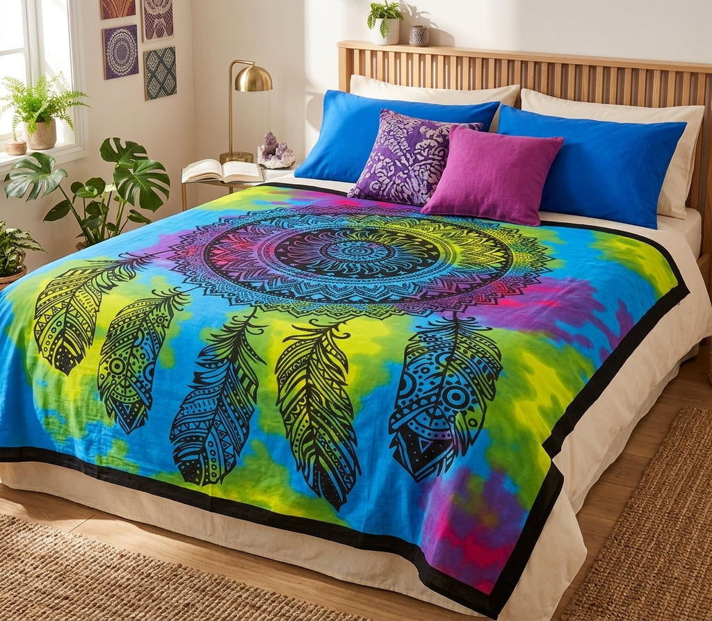 Tapiz / Manta Multiusos "ATRAPASUEÑOS PSYCHEDELIC" – Mandala Atrapasueños & Plumas Étnicas con Fondo Tie-Dye Multicolor