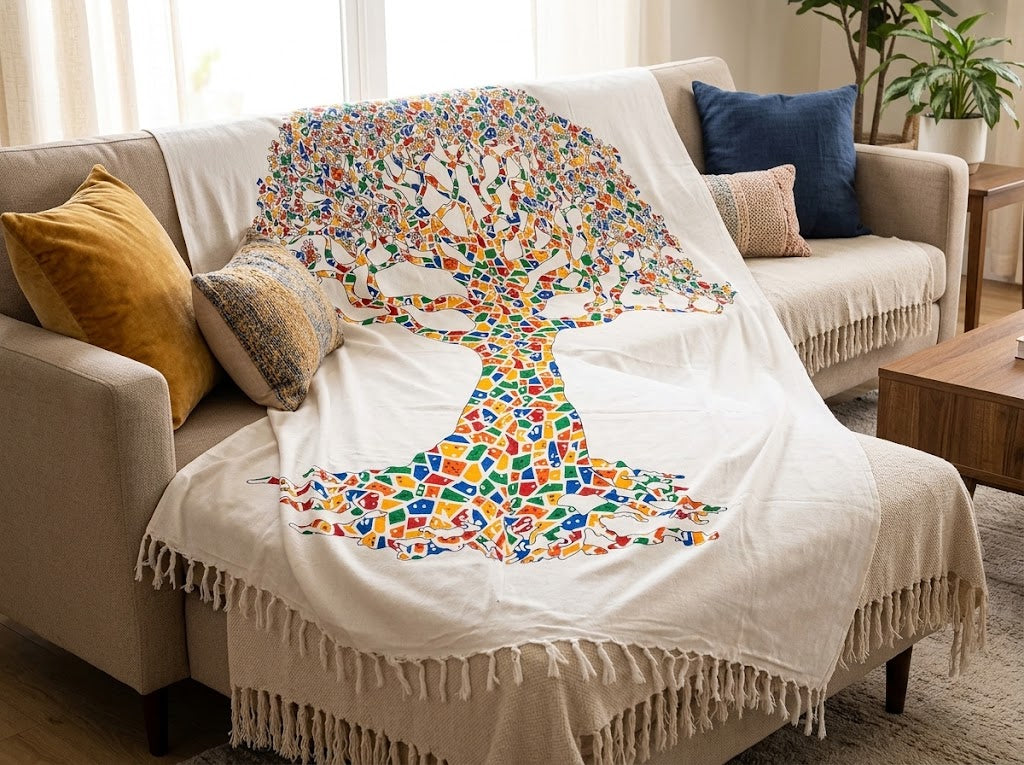 Manta Tapiz Árbol de la Vida Multicolor – Algodón de India con Flecos (2.10 x 2.40 m)